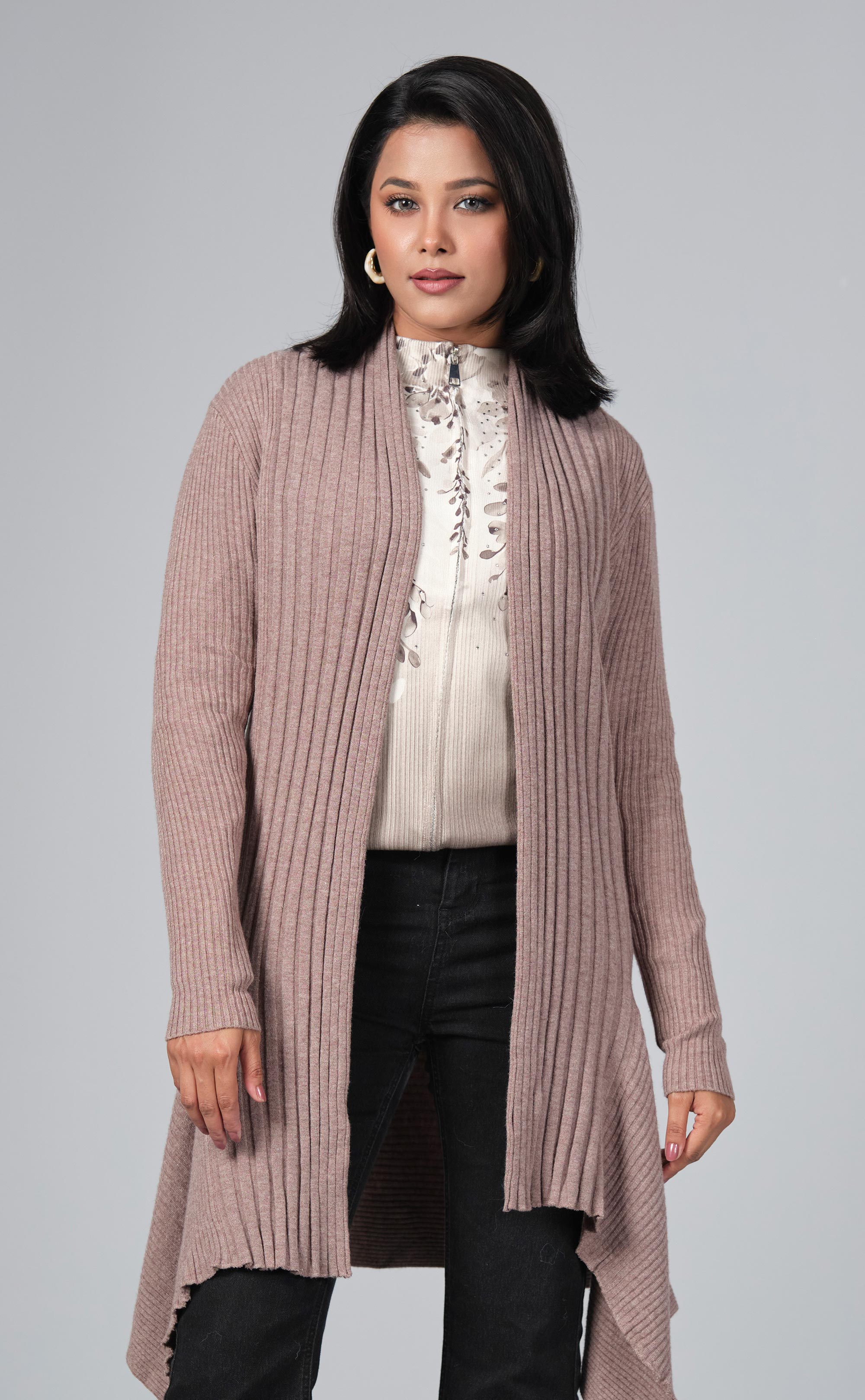 Women’s Ribbed Knit Long Cardigan – Soft & Stylish Winter Layer by PURPLE