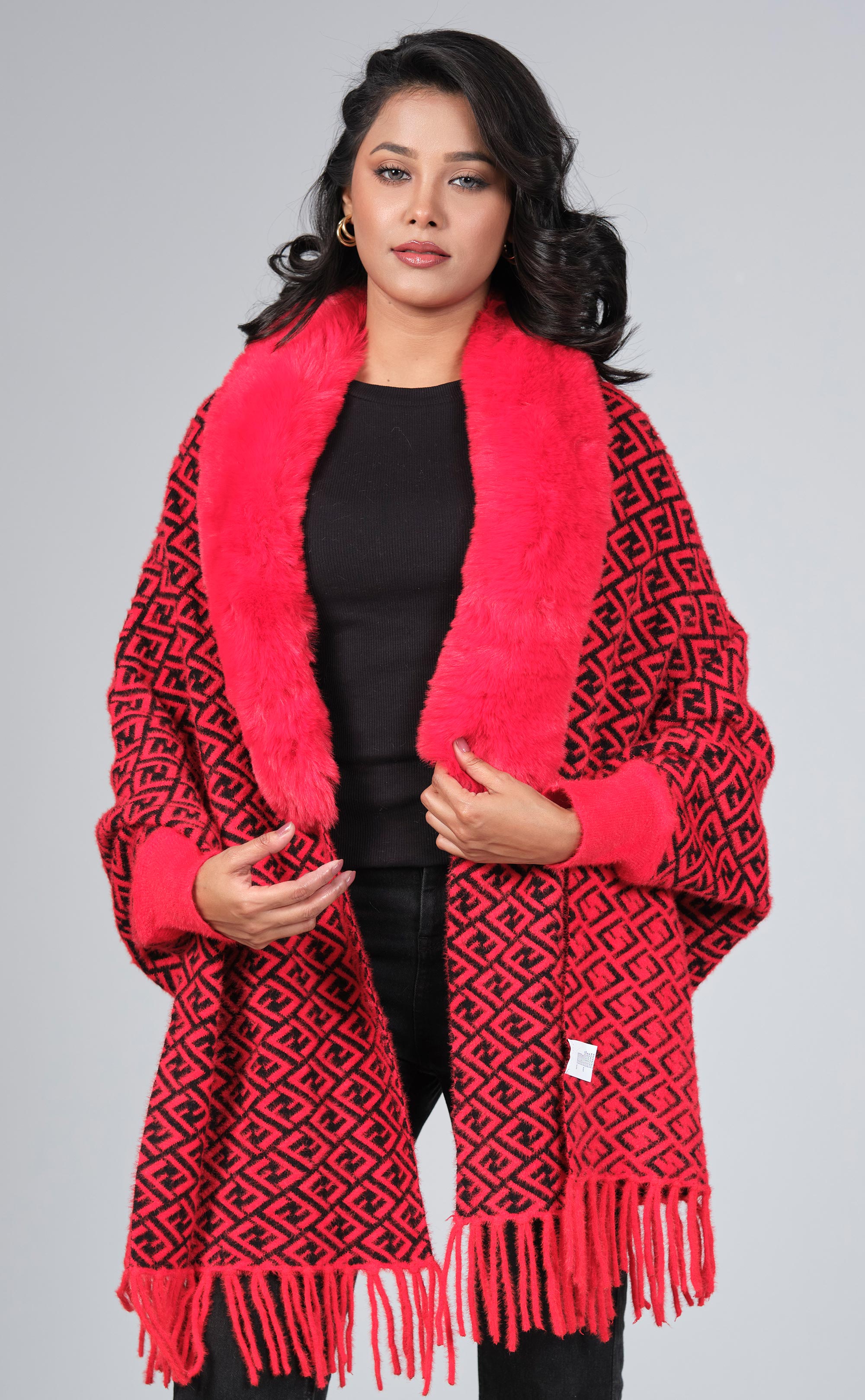 Women’s Red & Black Faux-Fur Collared Winter Poncho – Premium Warm Layer by PURPLE