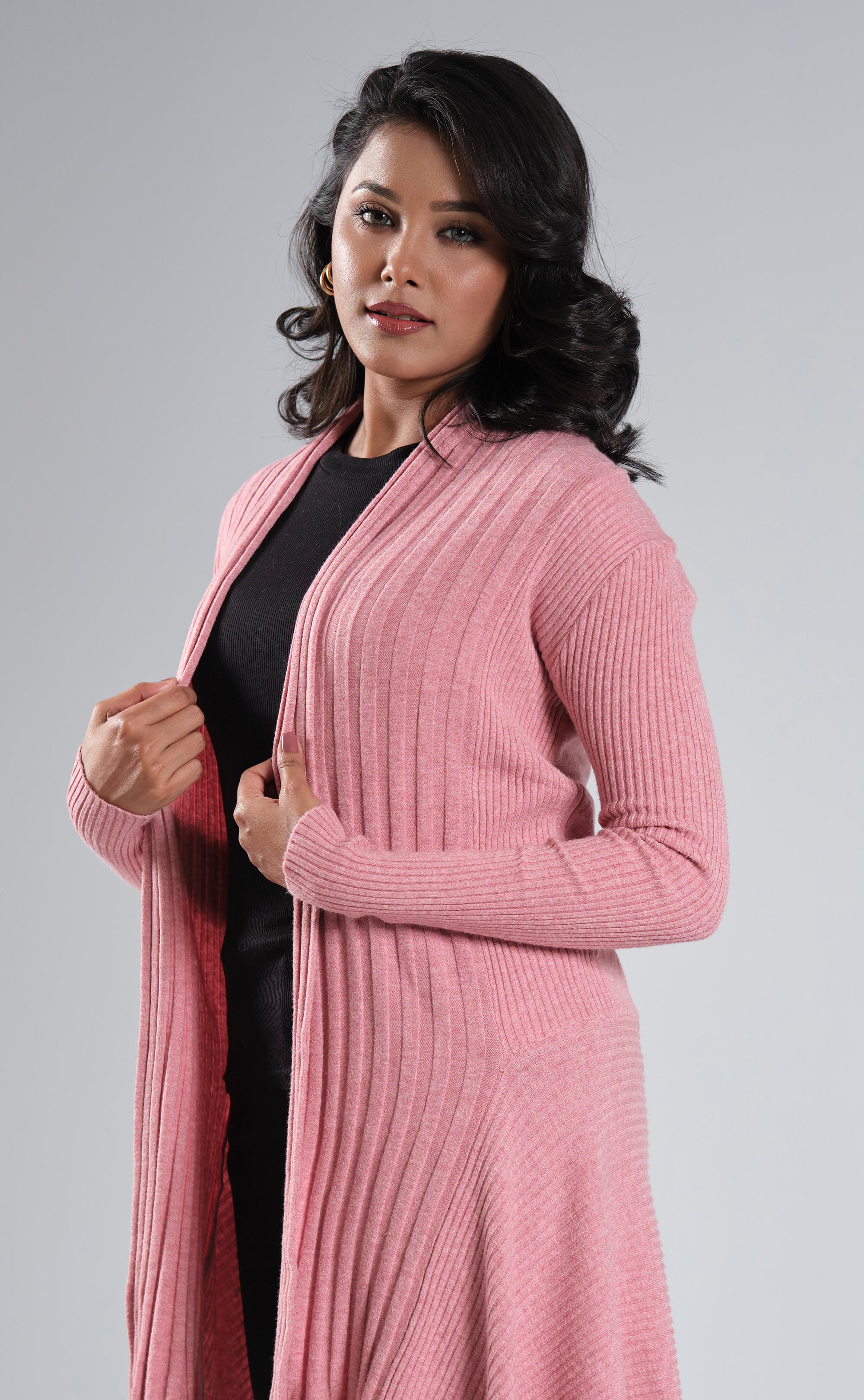 Pink Ribbed Knit Long Cardigan for Ladies | PURPLE