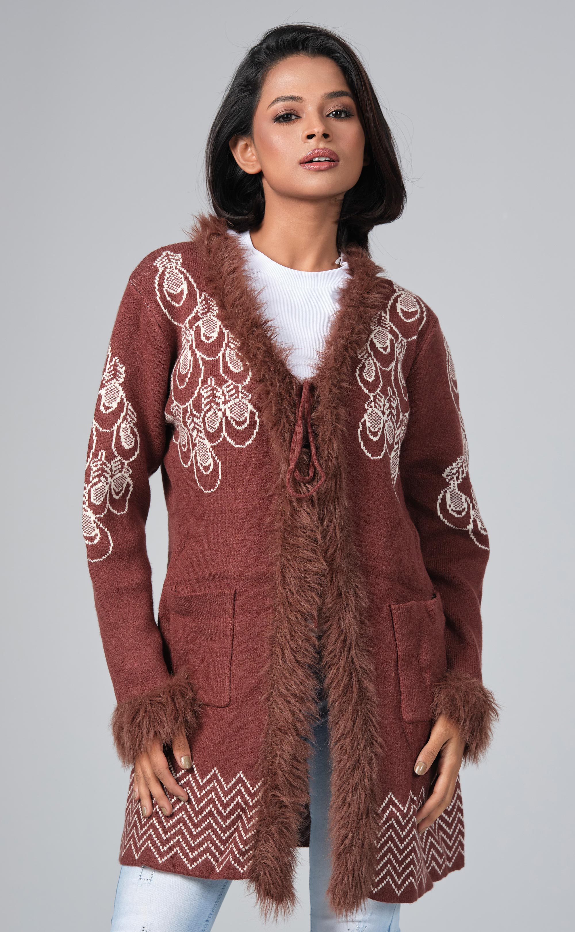 Luxe Faux Fur Trim Long Cardigan for Ladies | PURPLE