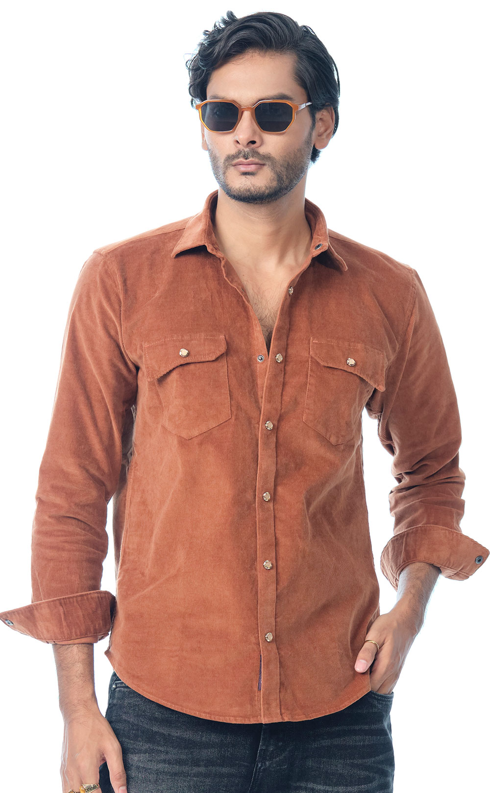 Men’s Premium Rust Brown Casual Corduroy Shirt with Dual Pockets | PURPLE the art of life