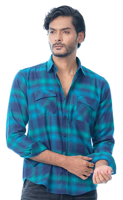 Men's Blue-Green Plaid Casual Shirt | PURPLE