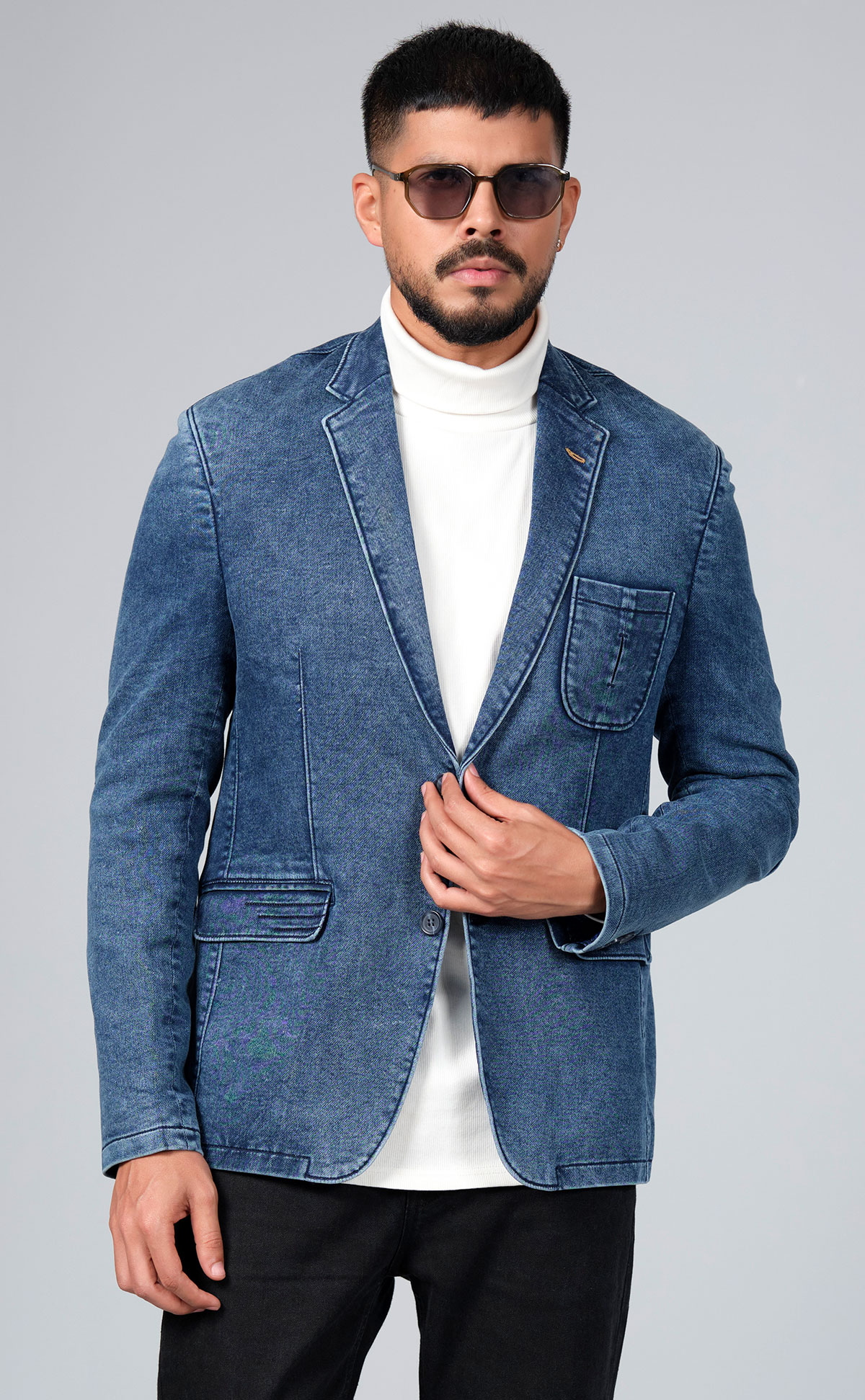 Men’s Blue Denim Casual Blazer – Modern Smart-Casual Style by PURPLE