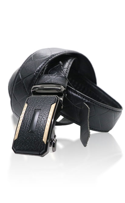Men’s Black Textured Formal Belt | Premium Leather Belt with Golden Accents