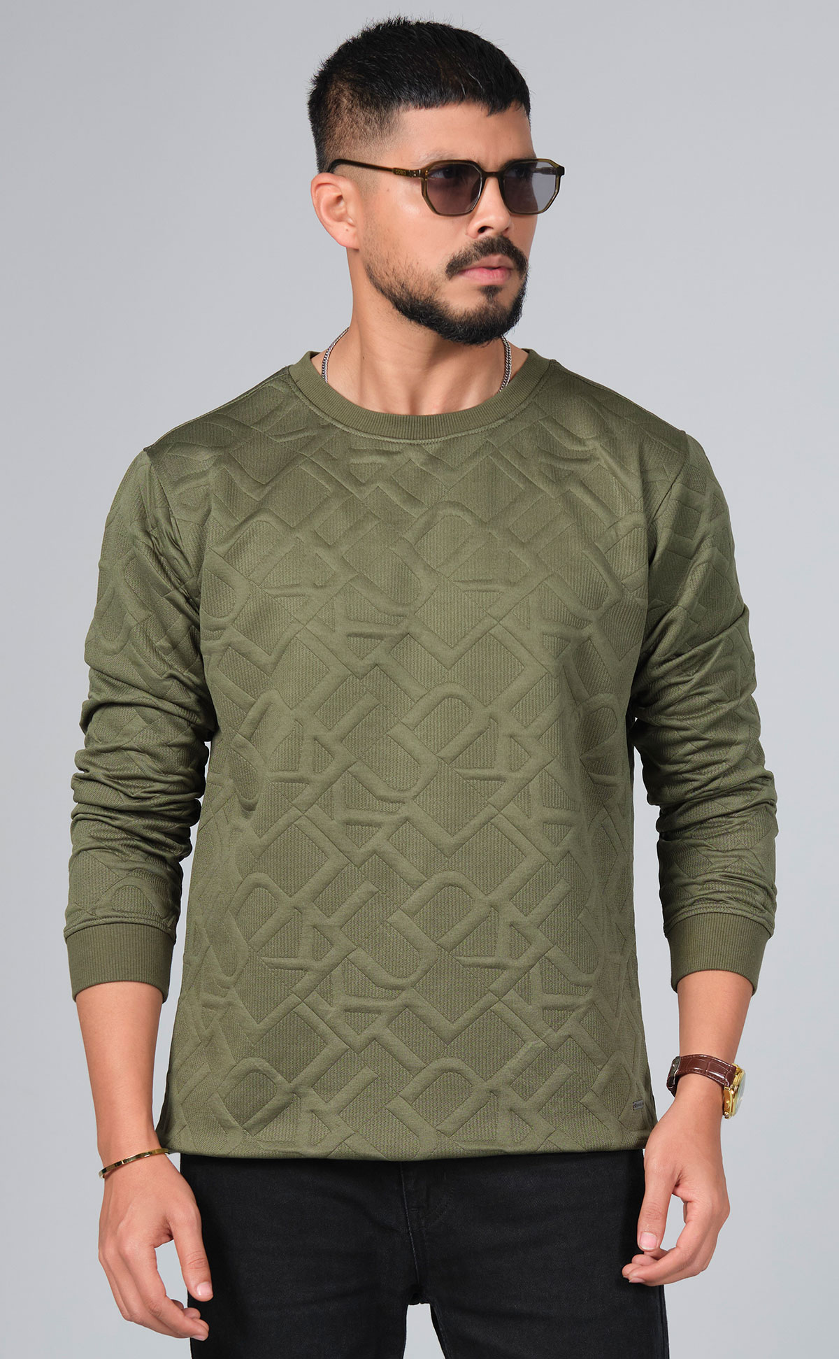 Men’s Textured Army Green Sweep Shirt – Premium Casual Wear by PURPLE
