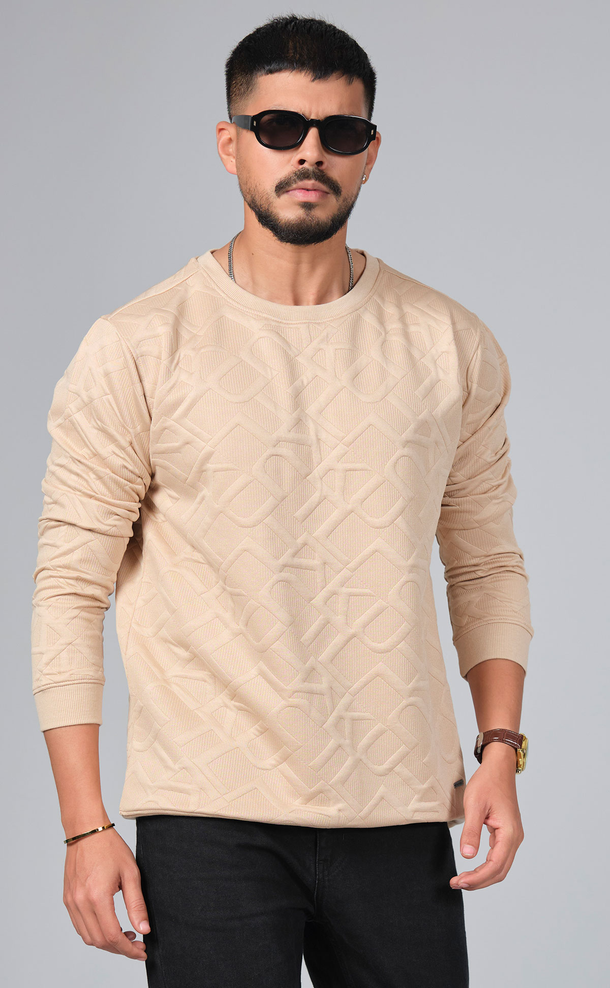 Men’s Textured Beige Sweep Shirt – Premium Casual Style by PURPLE