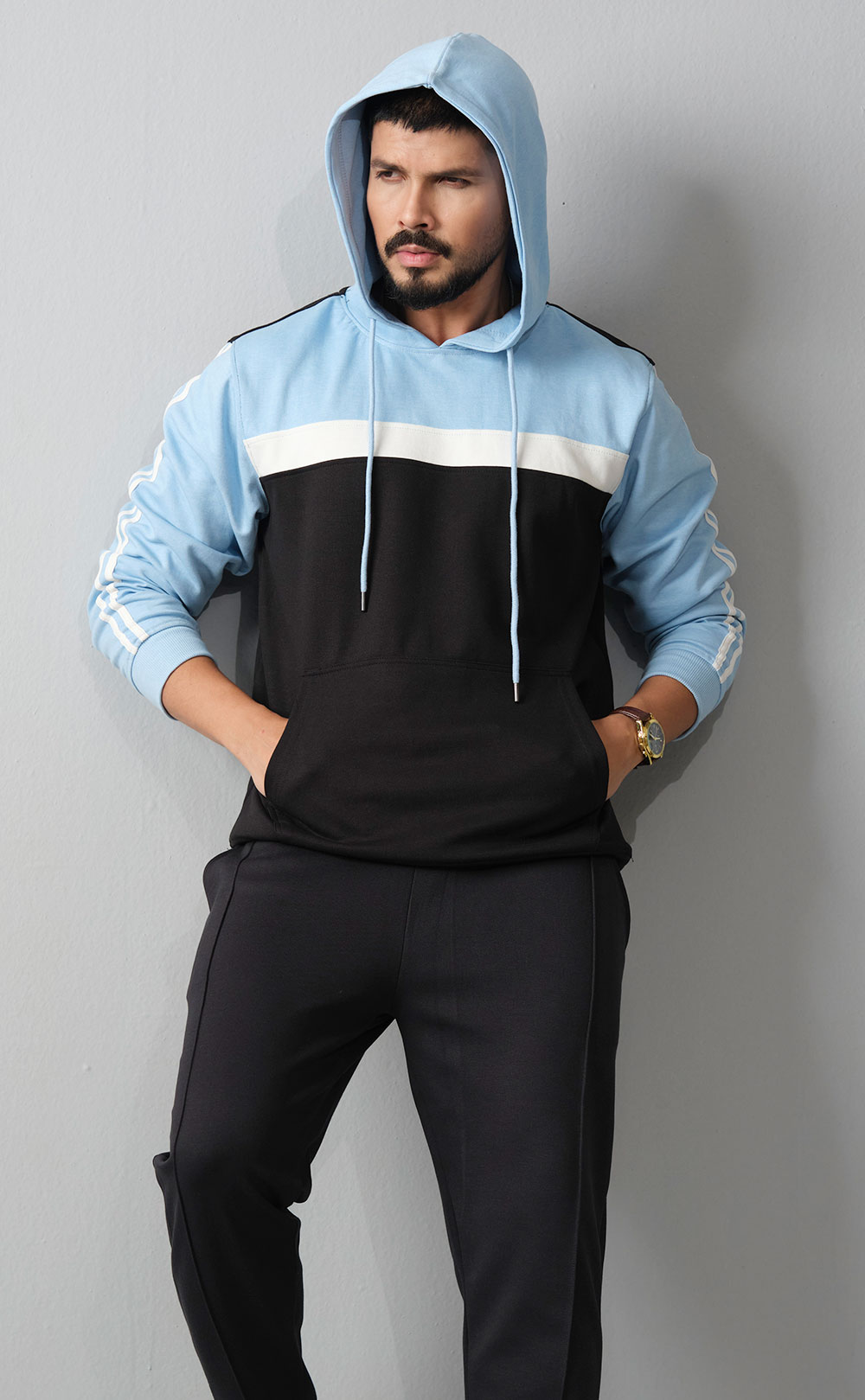 Men's Sky Blue & Black Color-Block Track Suit | PURPLE