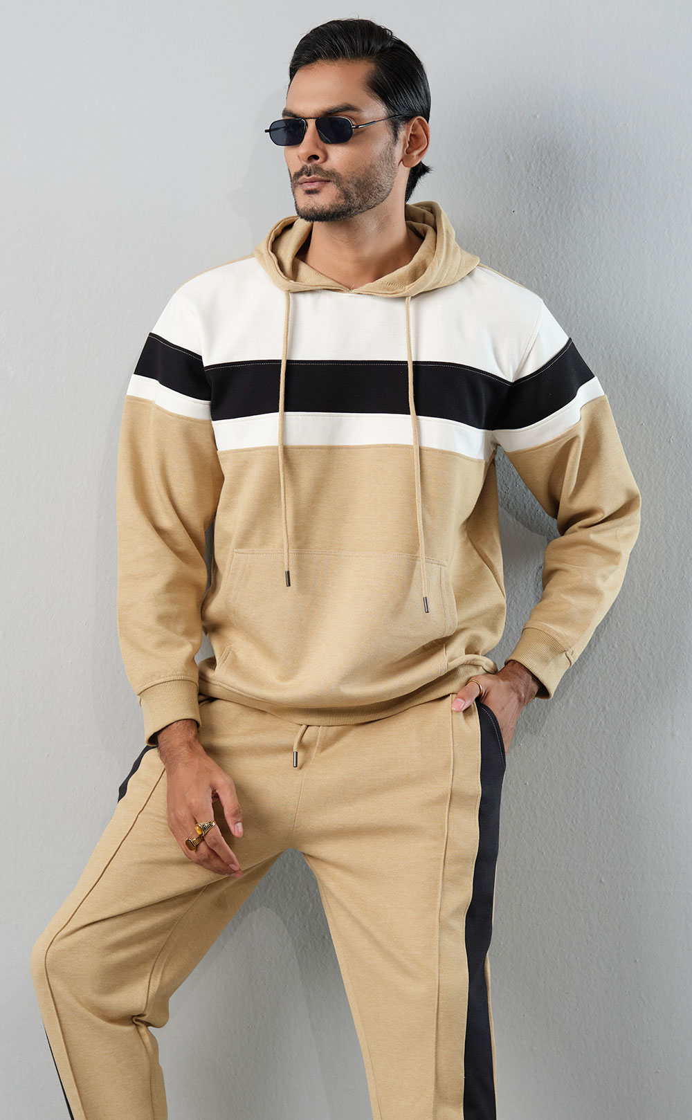 Men's Tan Color-Block Hoodie Track Suit | PURPLE