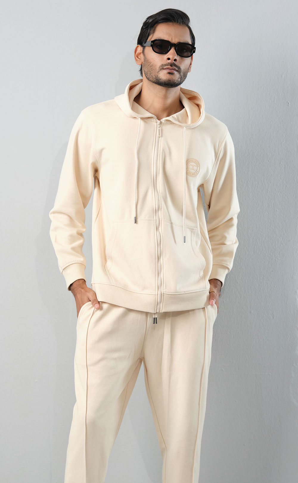 Men's Cream Zip-Up Track Suit Set | Loungewear | PURPLE